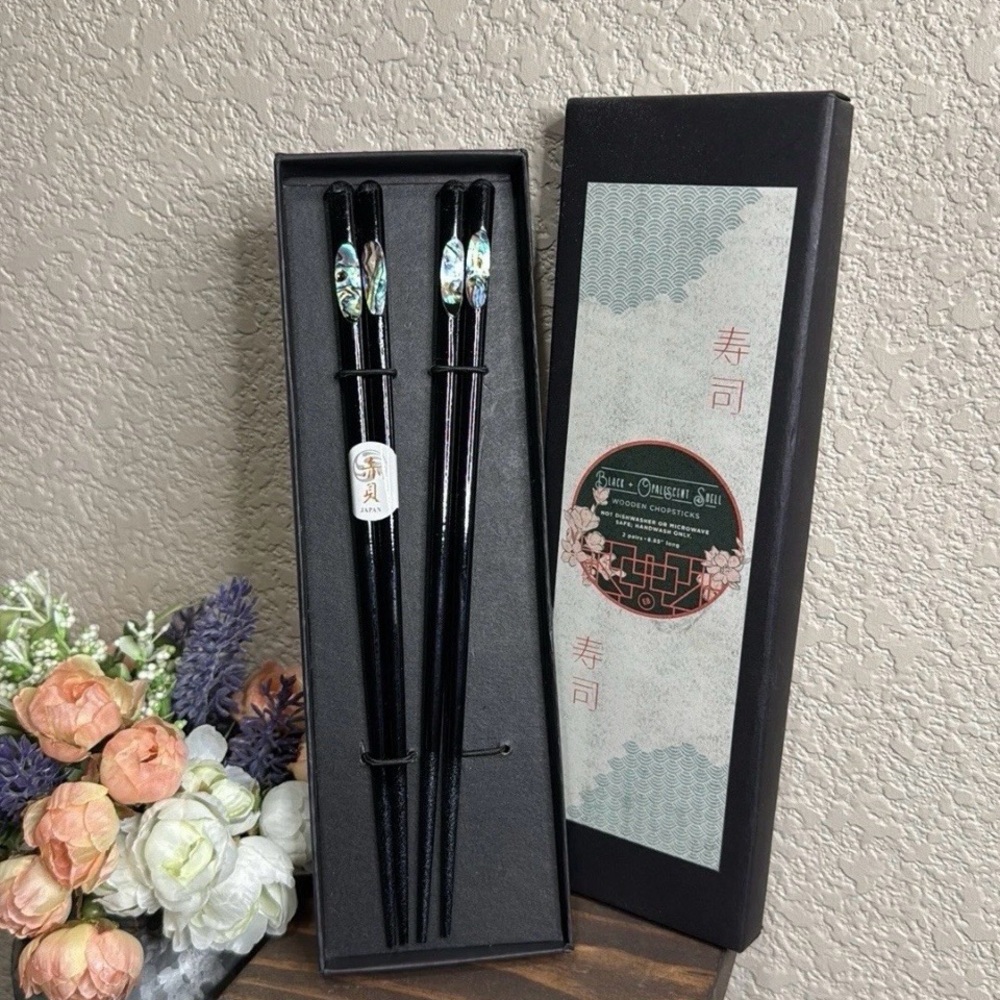 Earthbound Trading Black Abalone Wooden Reusable Chopstick 2 Pairs 8.85” Long